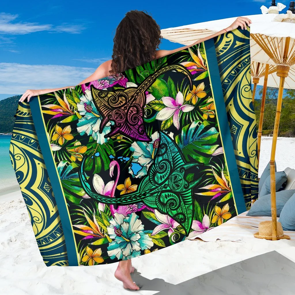 Deep Blue Gold Mandala Turtle Hibiscus Print Sarong Polynesian Tropical Beach Resort Wrap Pareo Wholesale - main view
