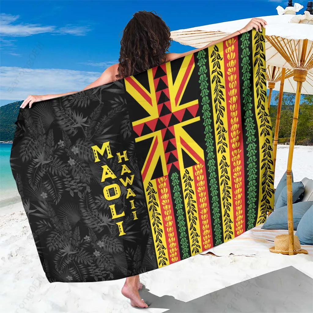 Black Maori Spirit Sarong with Flower Lei & Kakau Pattern - Hawaii Polynesian Beach Wrap for Resort Wear, OEM Wholesale Pareo