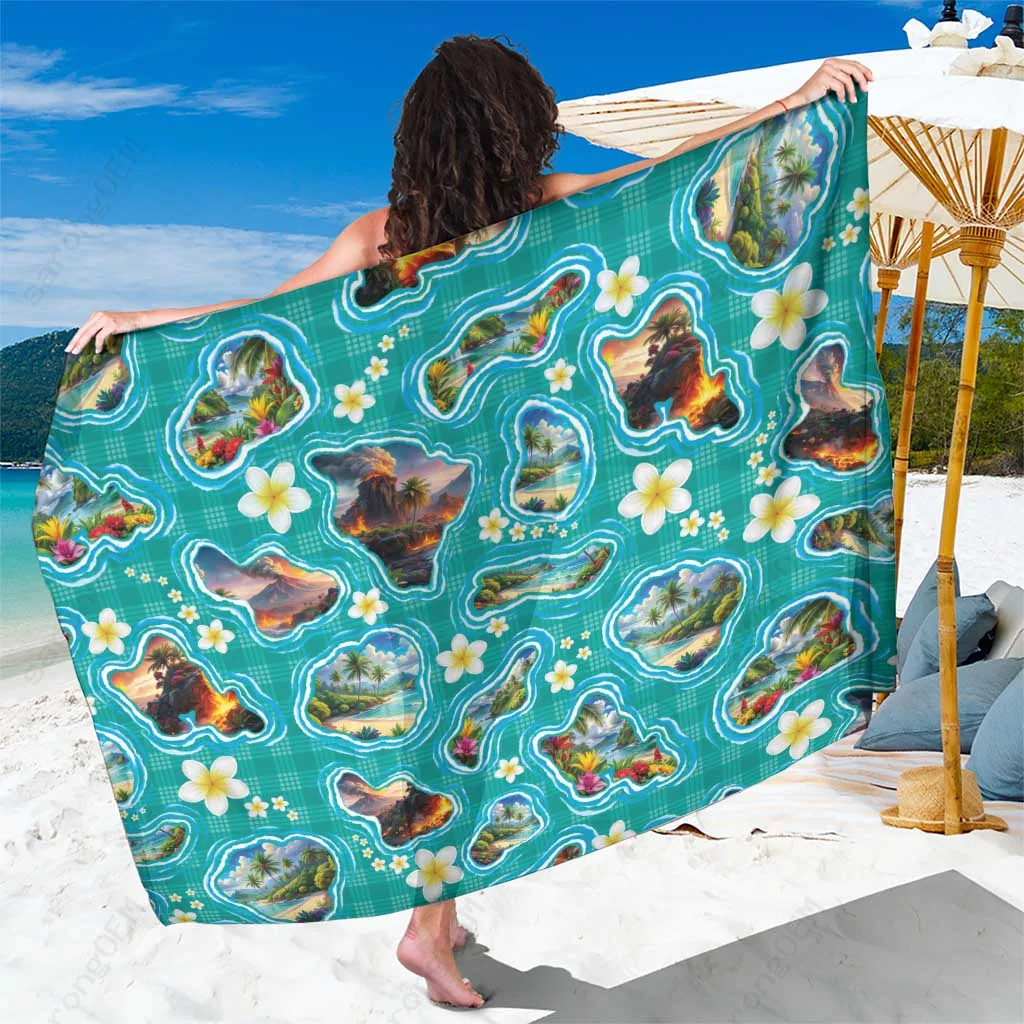 Teal Hawaii Map Plumeria Palaka Print Sarong Tropical Island Beach Wrap Cover Up Wholesale Pareo