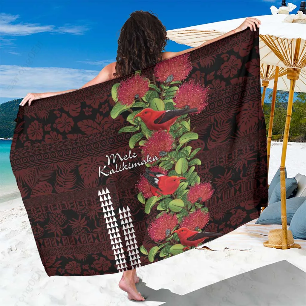 Red Hawaiian Iiwi Bird on Ohia Lehua Floral Tribal Print Sarong Beach Wrap Pareo for Resort Hotel Wholesale - main view