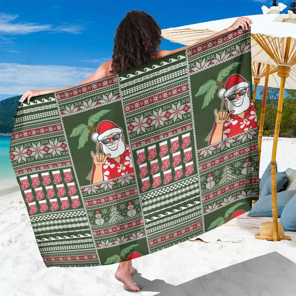 Christmas Green Hawaii Mele Kalikimaka Sarong Aloha Floral Patchwork Beach Wrap Pareo Wholesale