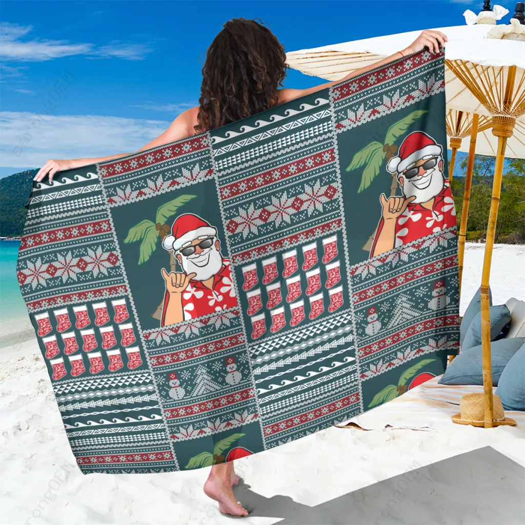 Turquoise Hawaii Mele Kalikimaka Patchwork Aloha Sarong Beach Wrap Polynesian Christmas Cover Up OEM - main view
