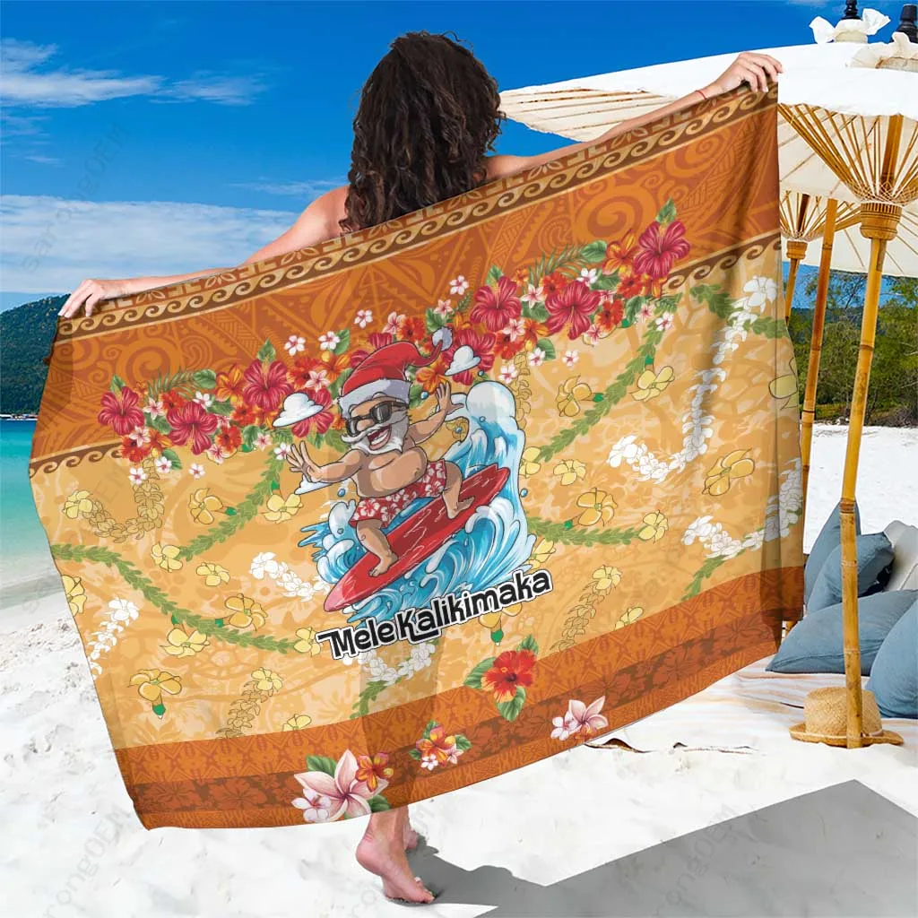 White Hawaii Mele Kalikimaka Sarong Funny Santa Surfing Tropical Plants Print Beach Wrap Wholesale Pareo - main view