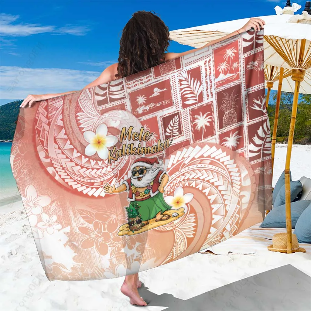 Christmas Red Hawaii Mele Kalikimaka Hula Santa Retro Print Sarong Beach Cover Up Polynesian Pareo Wholesale - main view