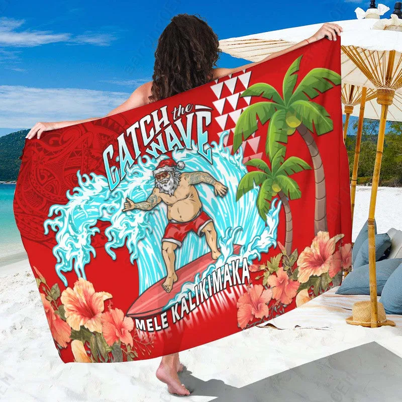 Red Santa Claus Surfing Hawaii Hibiscus Palm Print Sarong Tropical Beach Wrap Pareo Wholesale - related