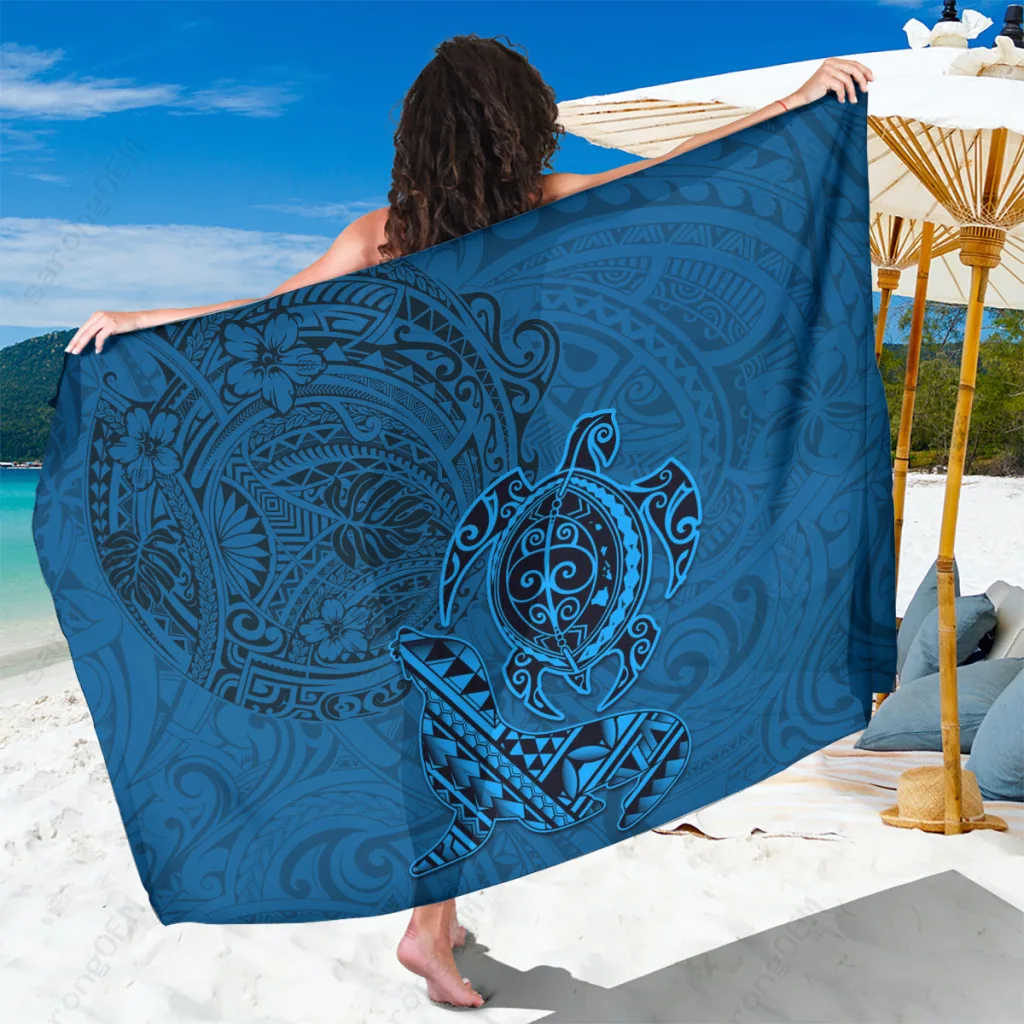 Blue Hawaii Monk Seal & Dolphin Polynesian Kakau Pattern Sarong Beach Wrap Wholesale Pareo - main view