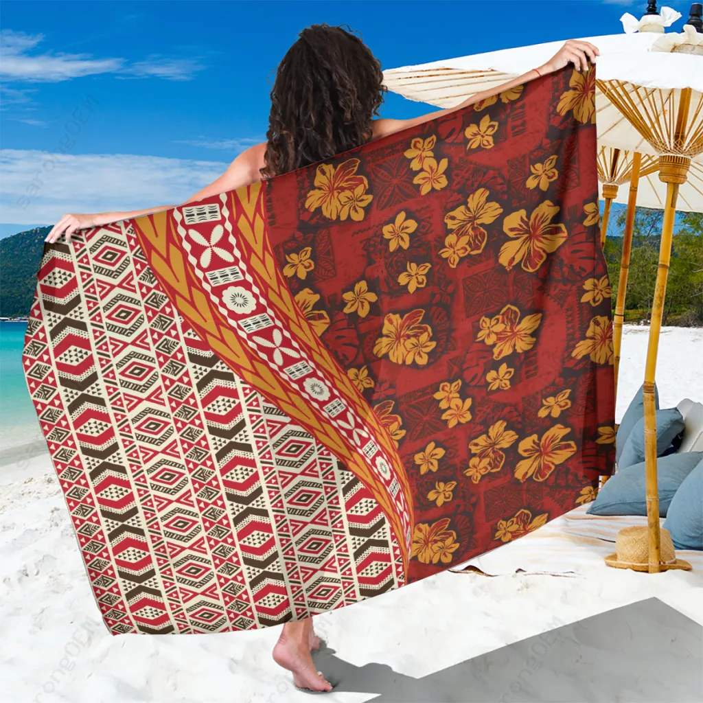 White Hawaii Native Tapa Elements & Hibiscus Flowers Print Sarong Beach Wrap Pareo Summer Resort Cover Up Wholesale - main view