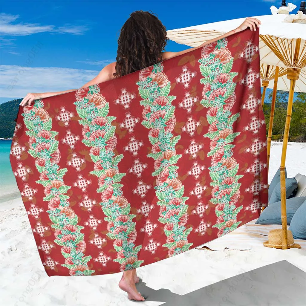 Crimson Hawaii Ohia Lehua Floral Tropical Print Sarong Beach Wrap Summer Island Cover Up Wholesale Pareo - main view