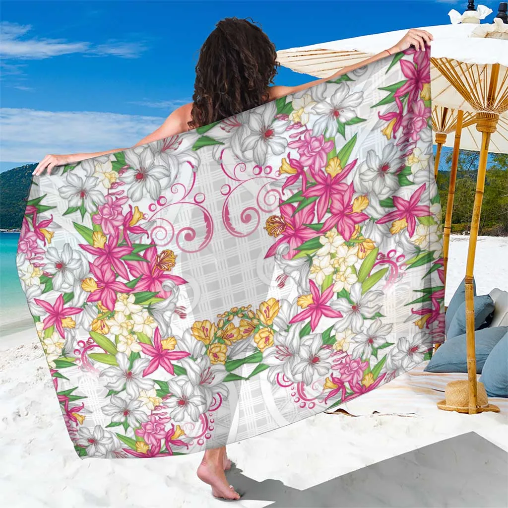 White Tribal Tropical Flowers Print Sarong Hawaii Beach Wrap Pareo for Resort Hotel Wholesale Custom - main view