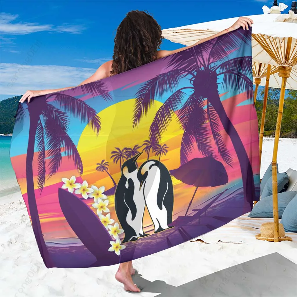 Sunset Orange Penguin Couple Tropical Sunset Vibes Printed Sarong Hawaii Beach Wrap Wholesale Pareo - main view