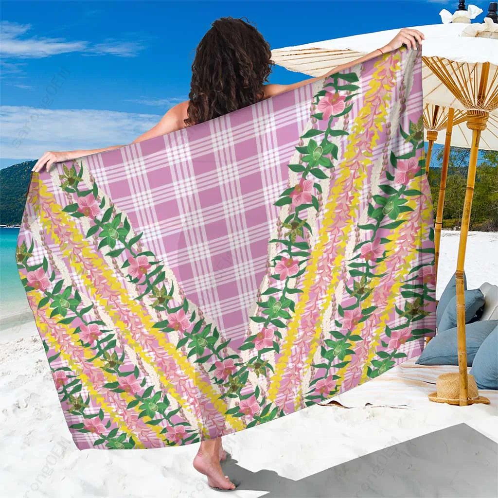 Pink Hawaii Plumeria Hibiscus Tribal Print Sarong Beach Wrap Polynesian Resort Cover Up Wholesale Pareo - main view