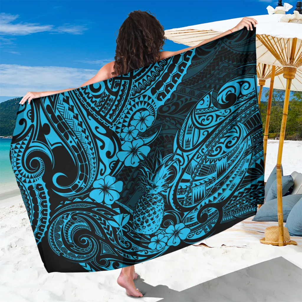 Sky Blue Pineapple Polynesian Pattern Print Sarong Hawaiian Tropical Beach Wrap Pareo for Resort Wholesale - main view