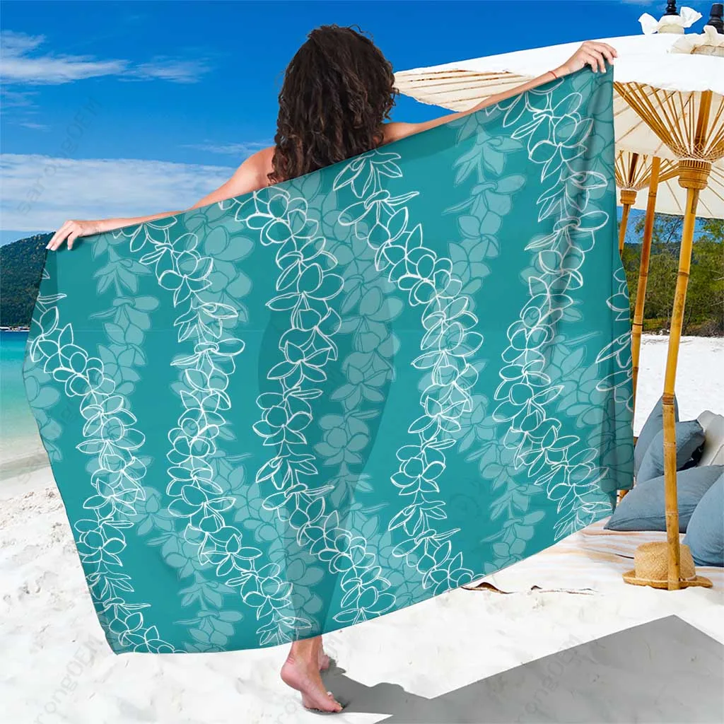 Teal Hawaii Plumeria Hibiscus Tattoo Print Sarong Tropical Beach Wrap Resort Cover Up Wholesale Pareo - main view