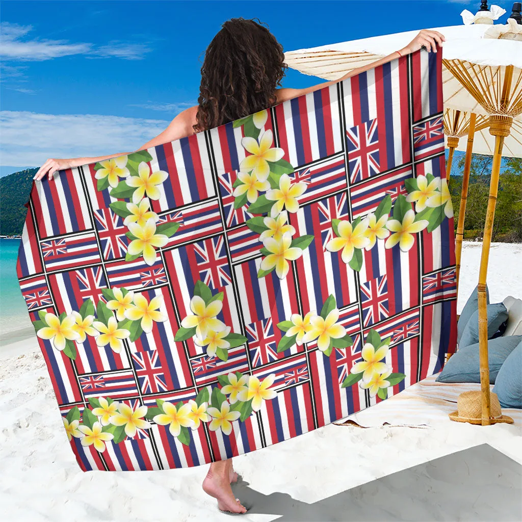 White Hawaii Plumeria Lei Hibiscus Flag Motif Print Sarong Tropical Island Beach Wrap Cover Up Wholesale Pareo - main view