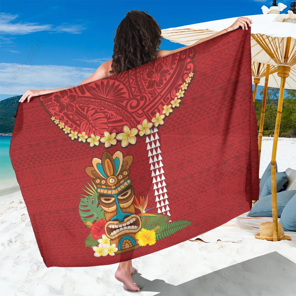 Red Hawaii Plumeria Lei Tiki Kakau Print Sarong Polynesian Tropical Beach Wrap Wholesale Pareo