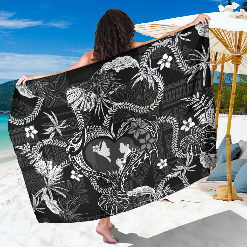 Black Hawaii Plumeria Hibiscus Tribal Print Sarong Beach Wrap Summer Island Cover Up Wholesale Pareo - main view