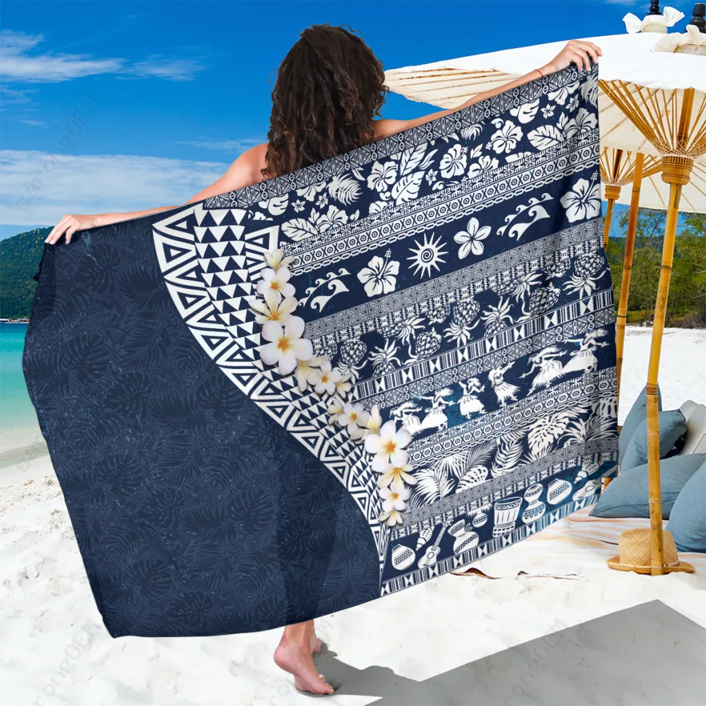 Blue Hawaii Plumeria Tribal Vintage Print Sarong Beach Wrap Summer Island Resort Pareo Wholesale - main view