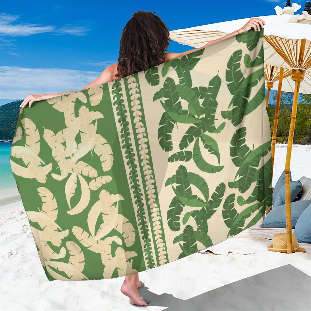 Green Hawaii Pua Kenikeni Lei Sarong with Lau Maia Green Floral Print Tropical Beach Wrap Pareo for Resort Hotel Wholesale - main view