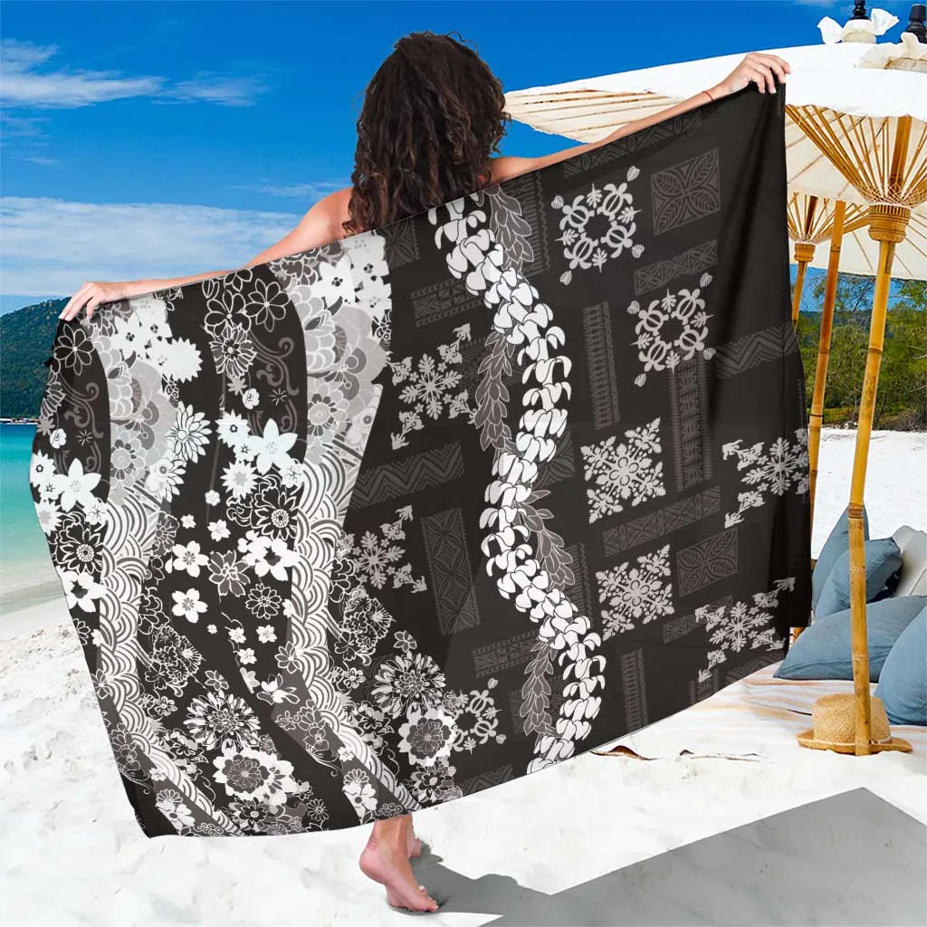 Black Hawaiian Wave & Maile Lei Sarong Tropical Beach Wrap Pareo for Resort Hotel Wholesale - main view