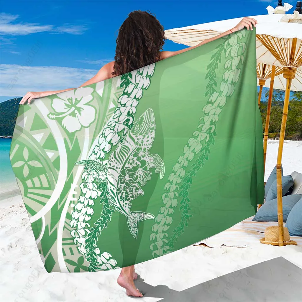 Green Polynesian Shark Tattoo Hibiscus Print Sarong Hawaii Tropical Beach Wrap Wholesale Pareo - main view