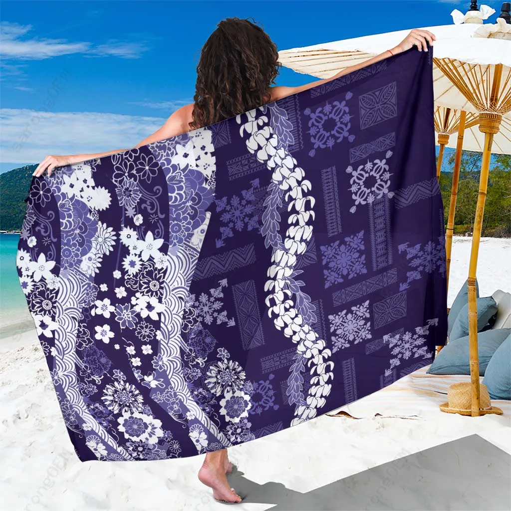 Purple Japanese Wave & Hawaii Puakenikeni Maile Lei Print Sarong Beach Wrap Tropical Island Resort Cover Up Wholesale Pareo - main view