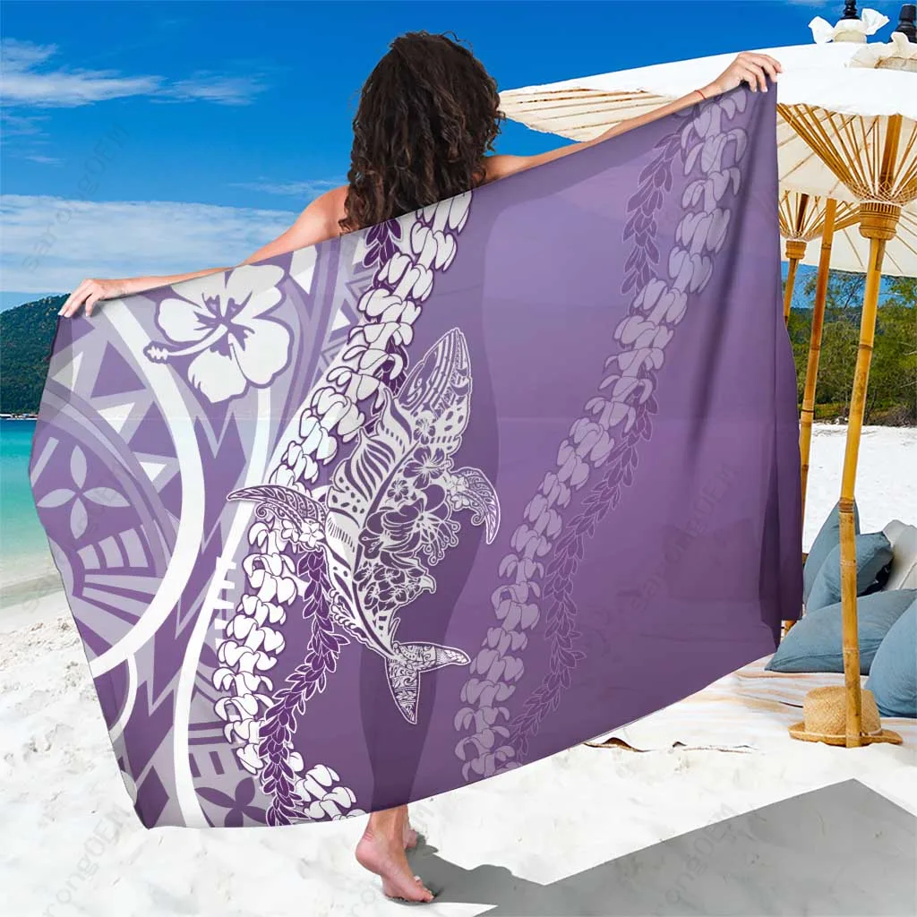 Violet Hawaii Puakenikeni & Maile Lei Sarong with Polynesian Shark Tattoo Floral Print Beach Wrap Wholesale Pareo - main view