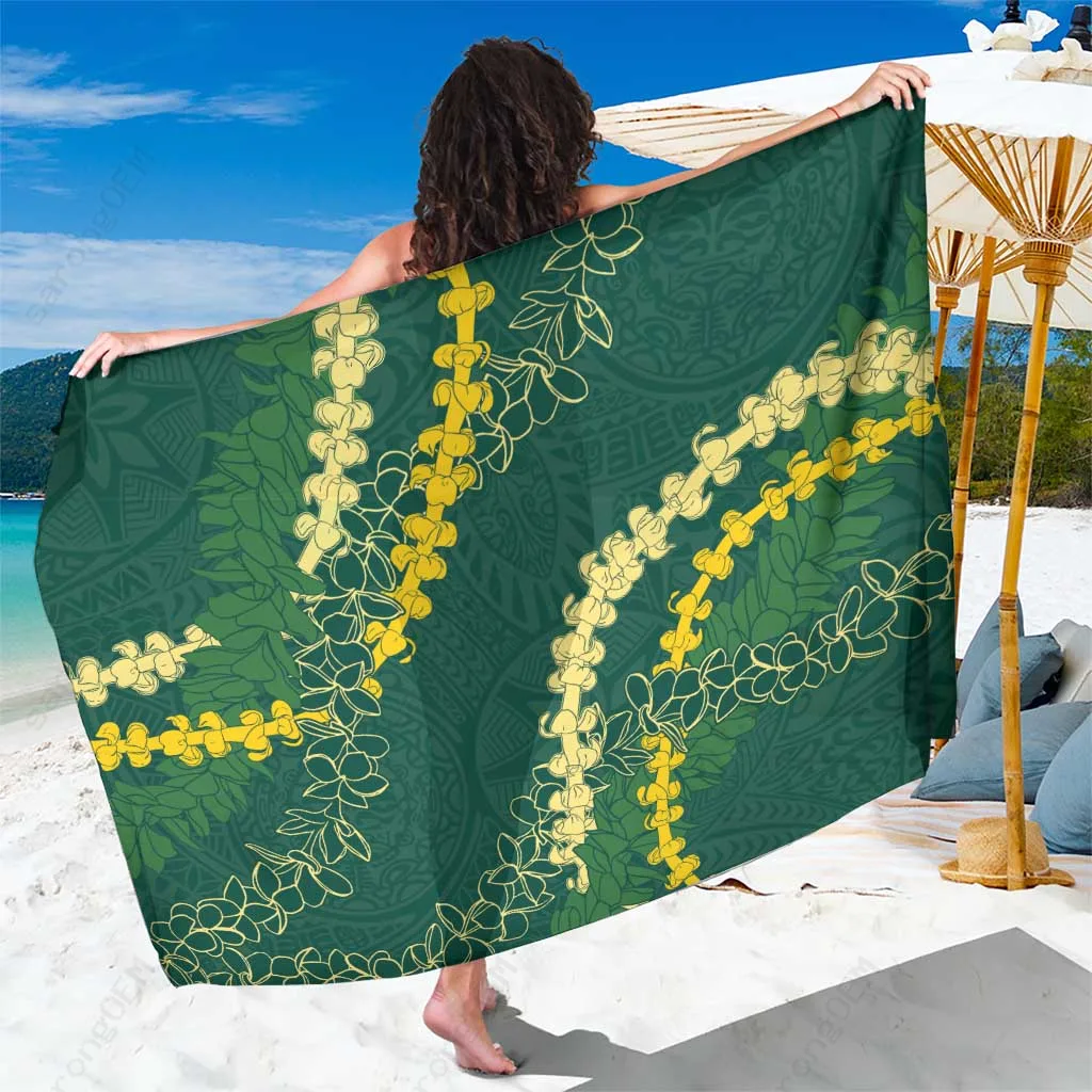Sage Green Hawaii Puakenikeni Maile Lei Floral Print Sarong Beach Wrap Tropical Island Resort Cover Up Wholesale Pareo - main view