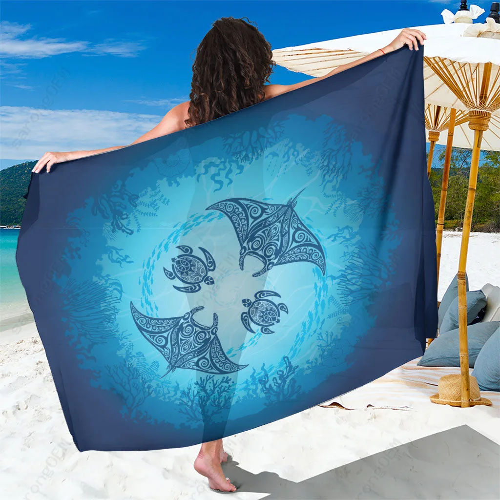 Red Hawaii Sea Turtle Manta Ray Aloha Print Sarong Beach Wrap Pareo Tropical Island Resort Cover Up Wholesale - main view