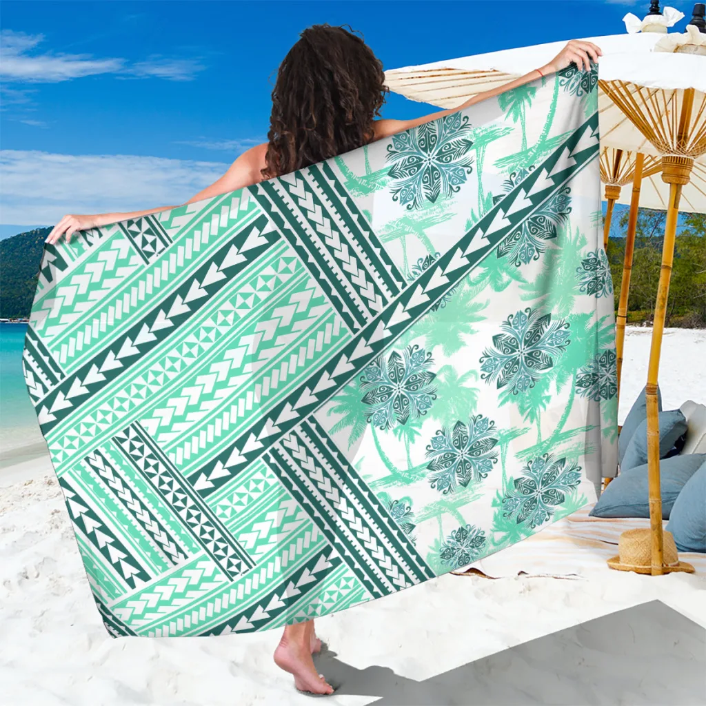 Teal Polynesian Pattern Turtle Hibiscus Print Sarong Hawaii Tropical Beach Wrap Wholesale Pareo - main view