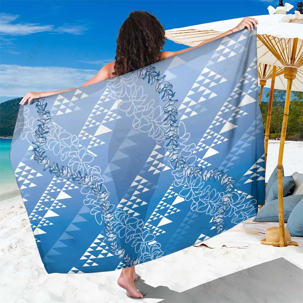 Royal Blue Hawaii Vintage Kapa Sarong with Plumeria Leis & Tribal Motifs Polynesian Beach Wrap Wholesale Pareo