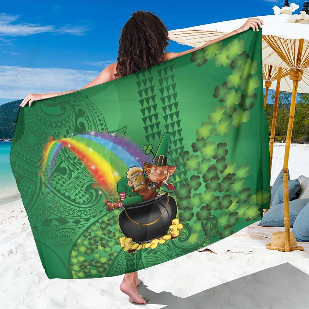 Gold Polynesian Tattoo Leprechaun Pot of Gold Print Sarong Hawaii Beach Wrap Wholesale Pareo - main view
