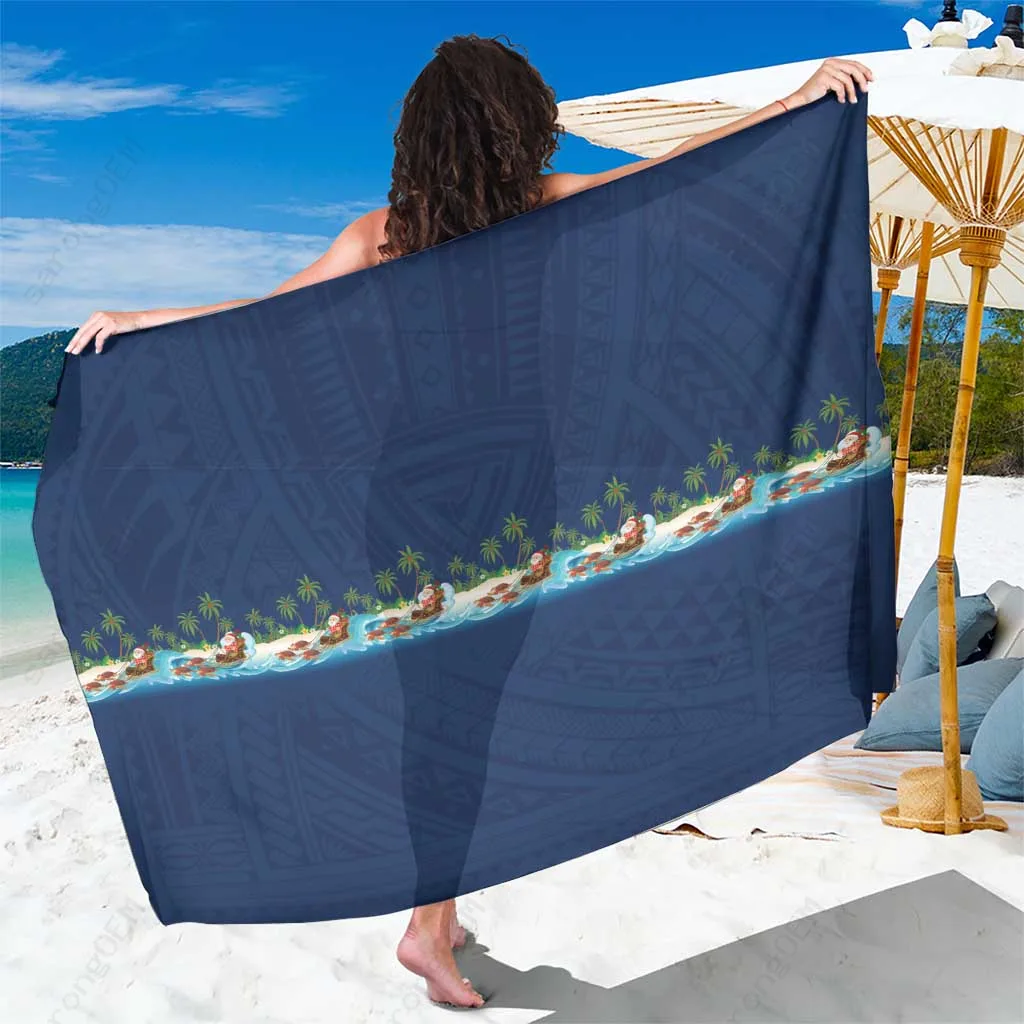 White Santa Riding Sea Turtle Polynesian Pattern Print Sarong Hawaii Beach Wrap Wholesale Pareo - main view