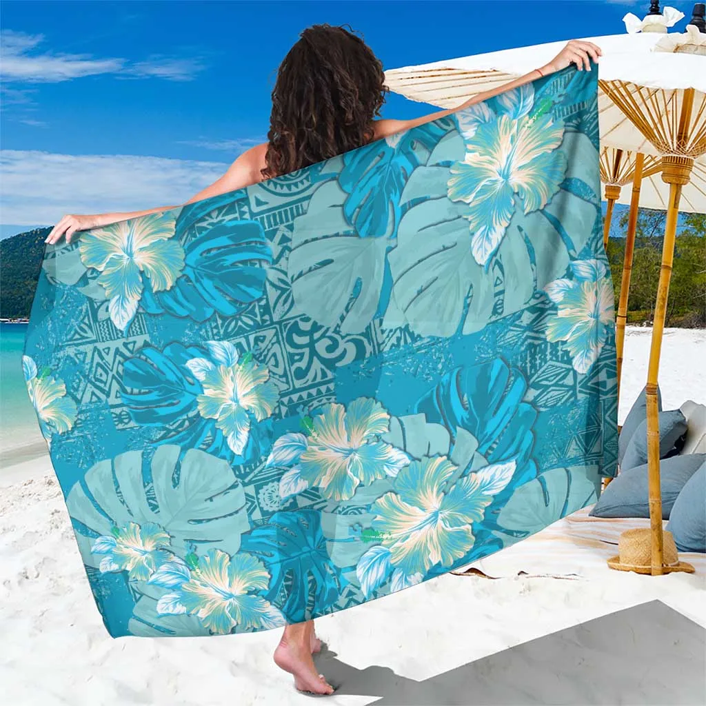 Teal Monstera Polynesian Tribal Print Sarong Hawaii Tropical Beach Wrap for Resort Hotel Wholesale Pareo - main view