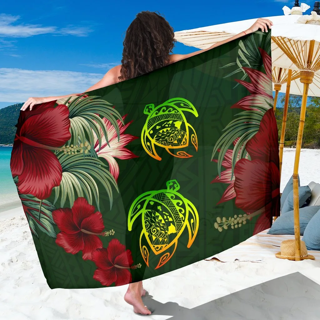 Green Sarong with Turtle and Hibiscus Pattern Hawaiian Beach Wrap Wholesale Pareo for Resort Wear - main view