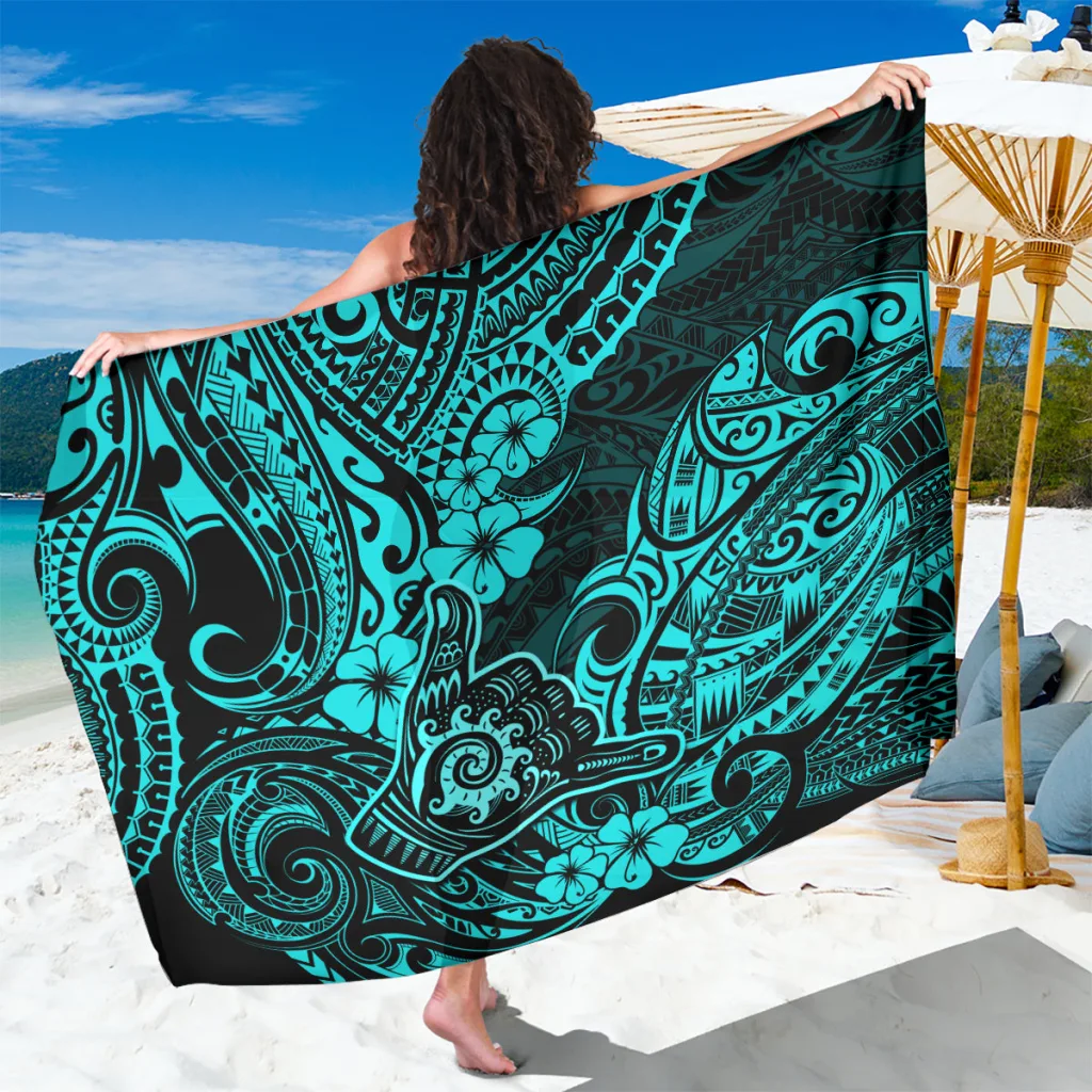 Turquoise Hawaii Shaka Sign Polynesian Tribal Print Sarong Beach Wrap Wholesale Pareo - main view