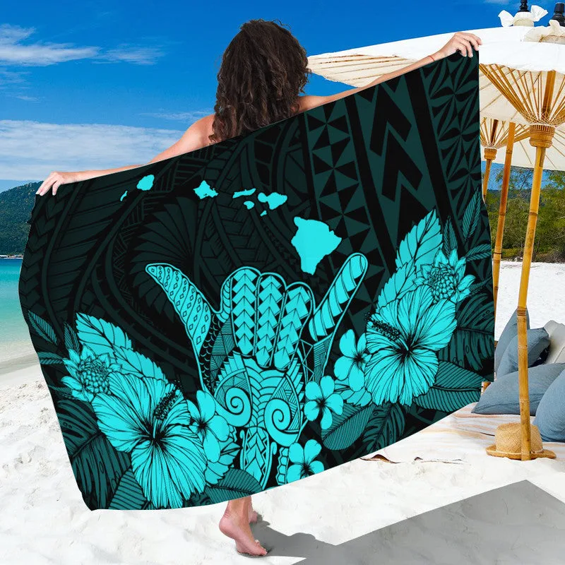 Turquoise Hawaii Shaka Sign Hibiscus Print Sarong Tropical Beach Wrap for Resort Hotel Wholesale Pareo - main view