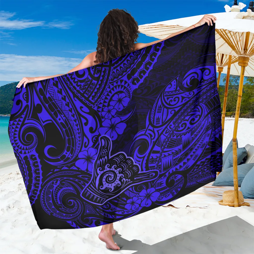 Hawaii Shaka Sign Sarong With Polynesian Hibiscus Navy Blue Unique - main view