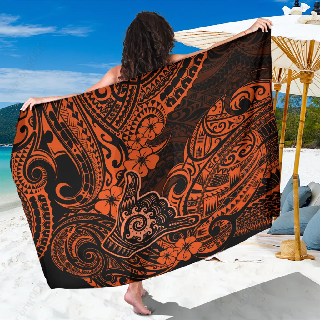Orange Hawaiian Hibiscus Polynesian Tribal Print Sarong Beach Wrap Summer Island Resort Pareo Wholesale - main view