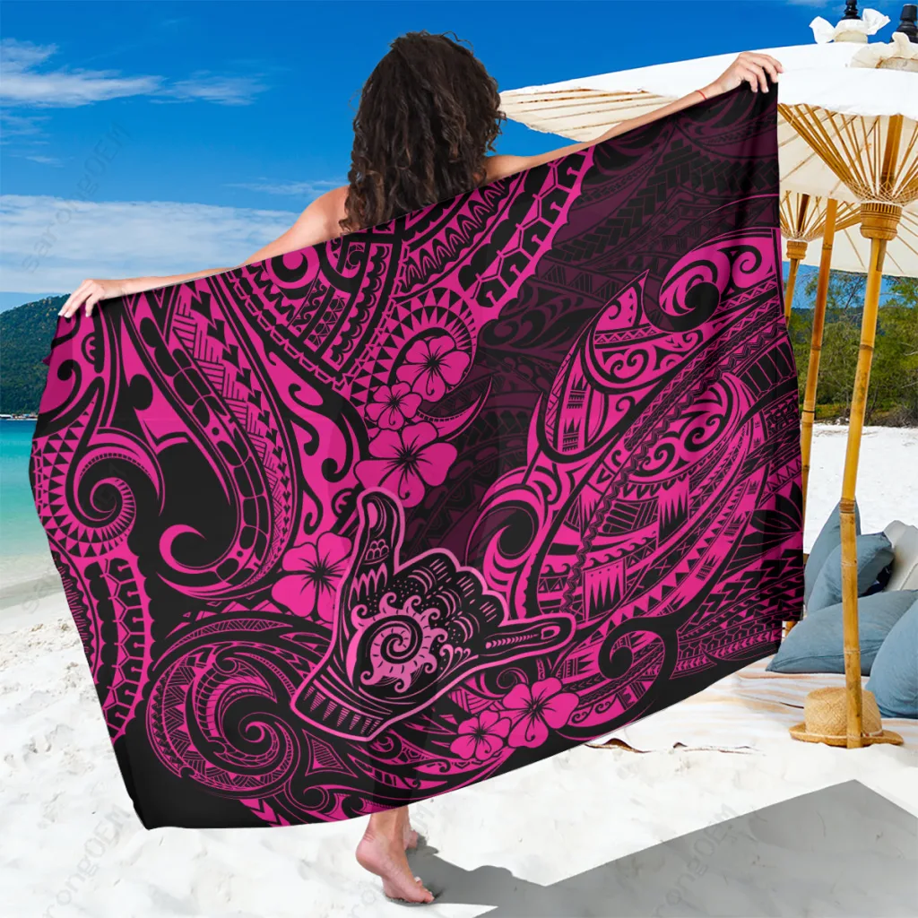 Pink Hibiscus Polynesian Tribal Print Sarong Beach Wrap Summer Hawaii Tropical Resort Cover Up Wholesale Pareo - main view