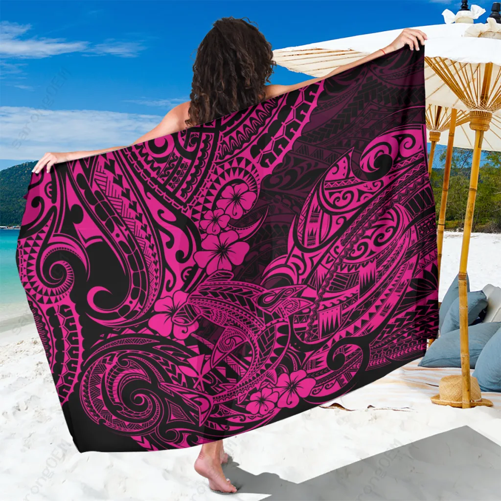 Pink Hawaii Shark Polynesian Pattern Print Sarong Beach Wrap for Resort Hotel Wholesale Pareo - main view