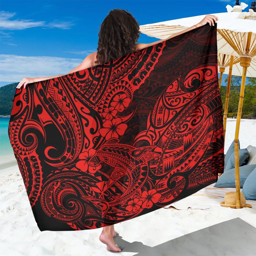 Red Hawaii Shark Polynesian Pattern Print Sarong Tropical Beach Wrap for Resort Hotel Wholesale Pareo - main view