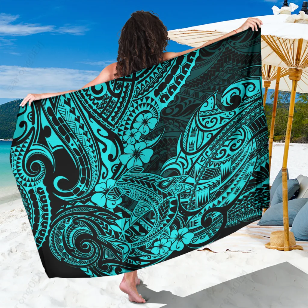 Turquoise Hawaii Shark Sarong Polynesian Pattern Beach Wrap Cover Up Wholesale Pareo - main view