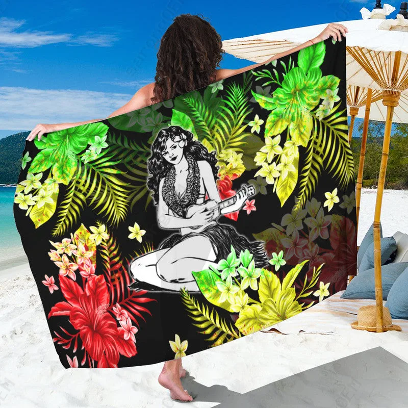 Green Hawaii Hula Girl Palm Frangipani Print Sarong Tropical Island Beach Wrap Wholesale Pareo - main view