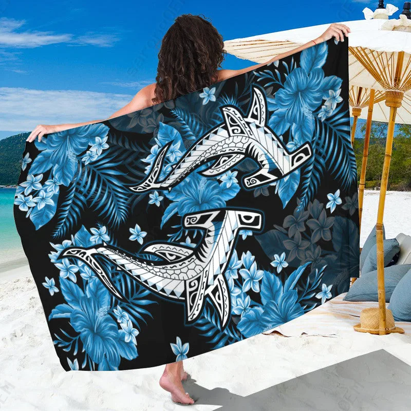 Light Blue Hawaii Summer Colorful Shark Tropical Floral Print Sarong Beach Wrap Pareo Wholesale - main view