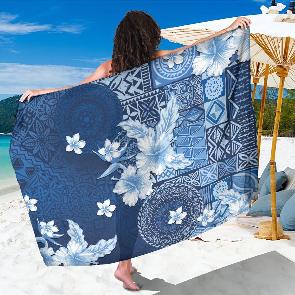 Hawaii Tapa Pattern With Navy Hibiscus Sarong - main view