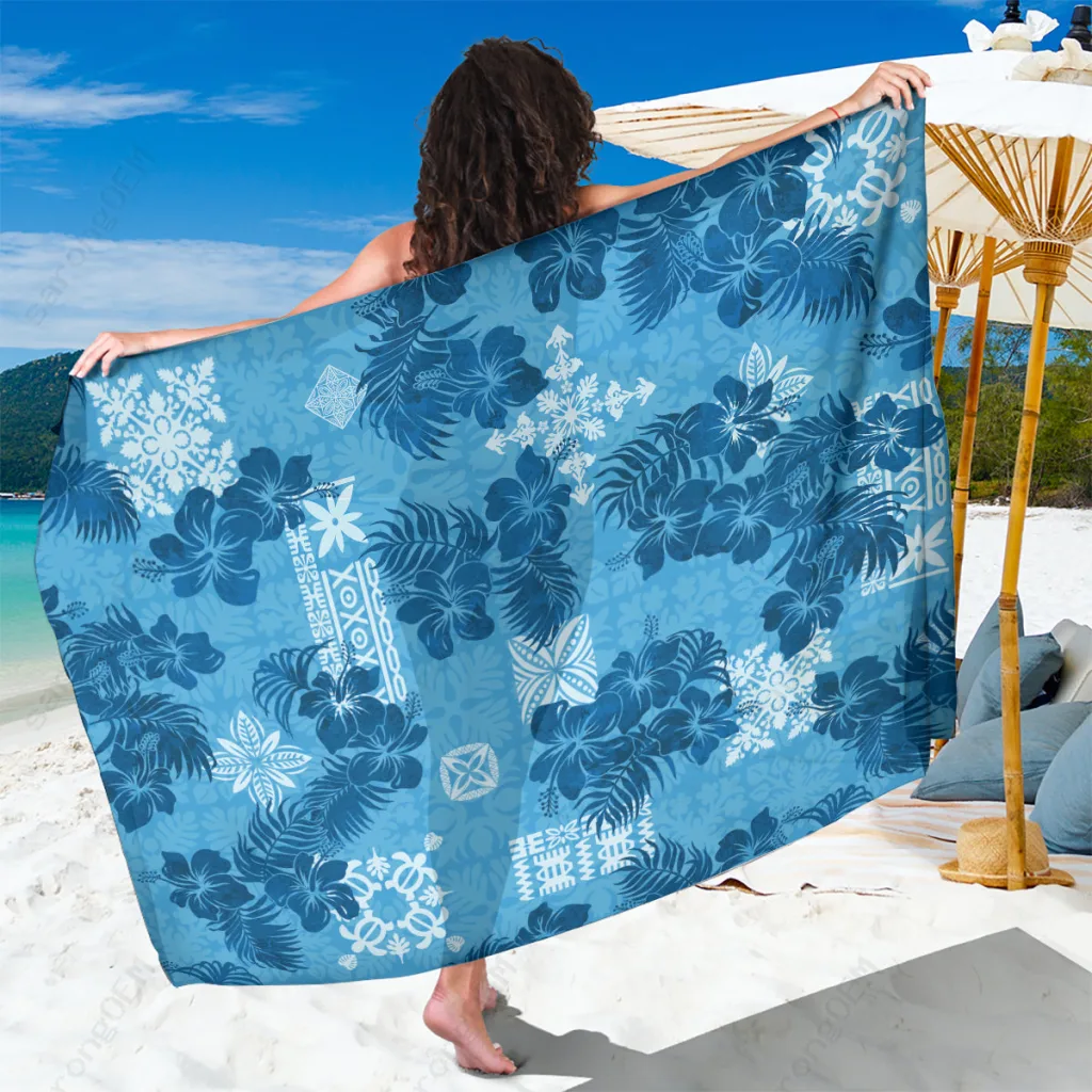 Blue Hawaii Tapa Sarong Hibiscus Mix Quilt Patches Tropical Beach Wrap Pareo Wholesale - main view