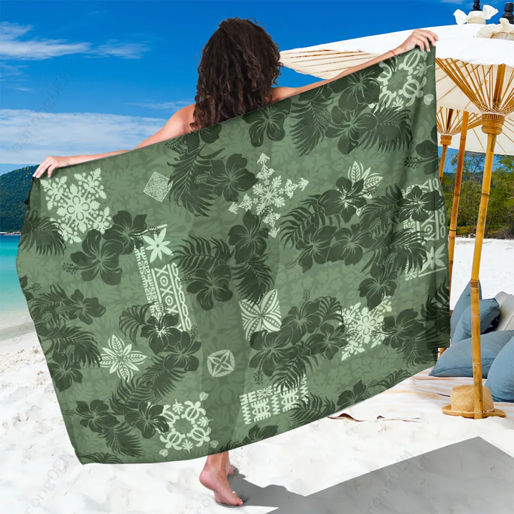 Sage Green Hawaii Tapa Sarong Hibiscus Mix Hawaiian Quilt Patches Beach Wrap Pareo Wholesale - main view