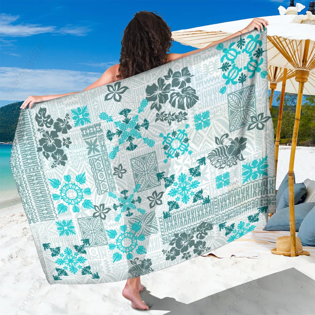 Aqua Hawaiian Tapa Tribal Sarong with Quilt Pattern, Polynesian Beach Wrap for Resort, Wholesale Pareo - main view