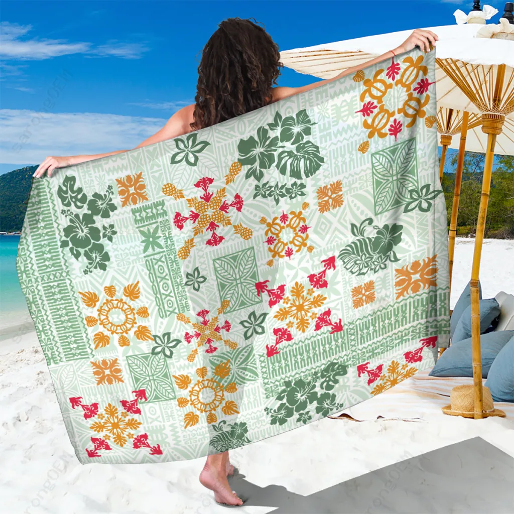 Green Hawaii Tapa Tribal Sarong with Quilt Pattern, Polynesian Beach Wrap for Resort, Wholesale Pareo - main view