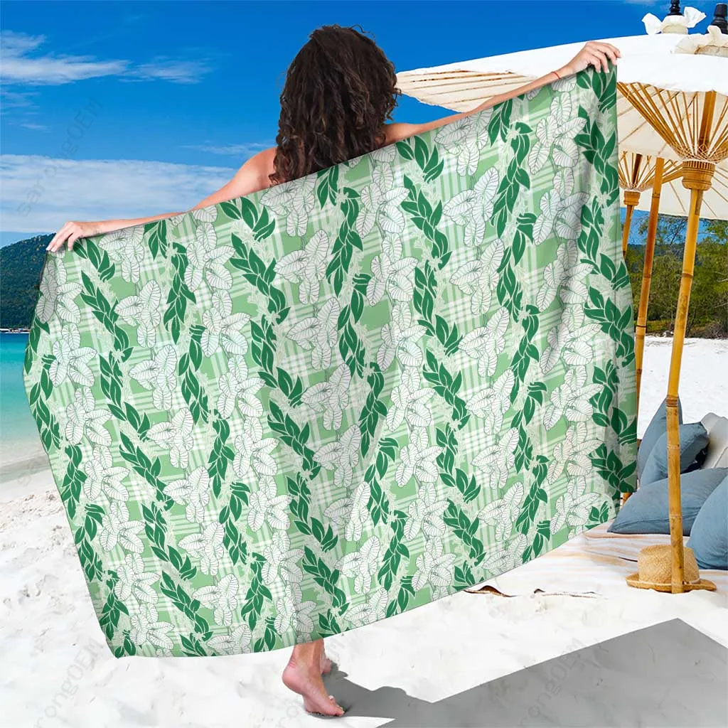 Green Hawaii Ti Leaf Maile Tuberose Lei Floral Print Sarong Tropical Island Beach Wrap Pareo Wholesale - main view